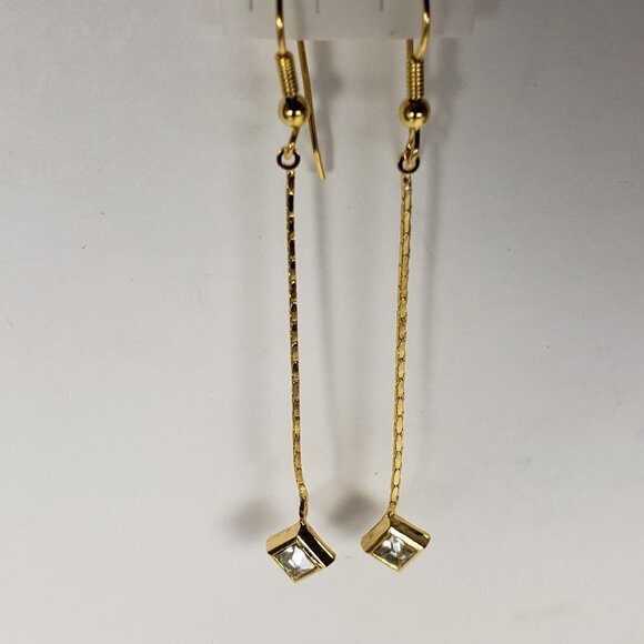 Gold tone Geometric Crystal Long Drop Earrings – Elegant Sparkle Dangle Jewelry - Picture 6 of 11